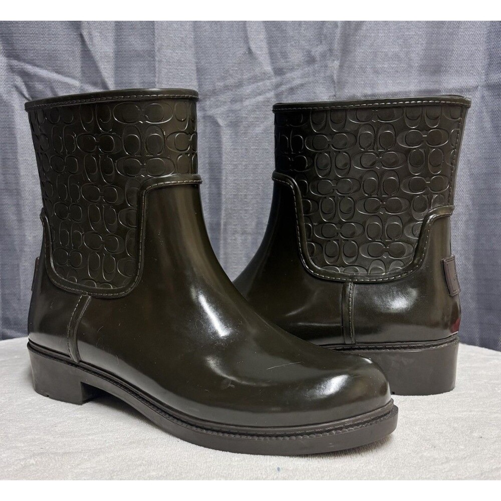 Coach Signature C Women’s Rubber Rain Boots Dark Olive Black Size 8